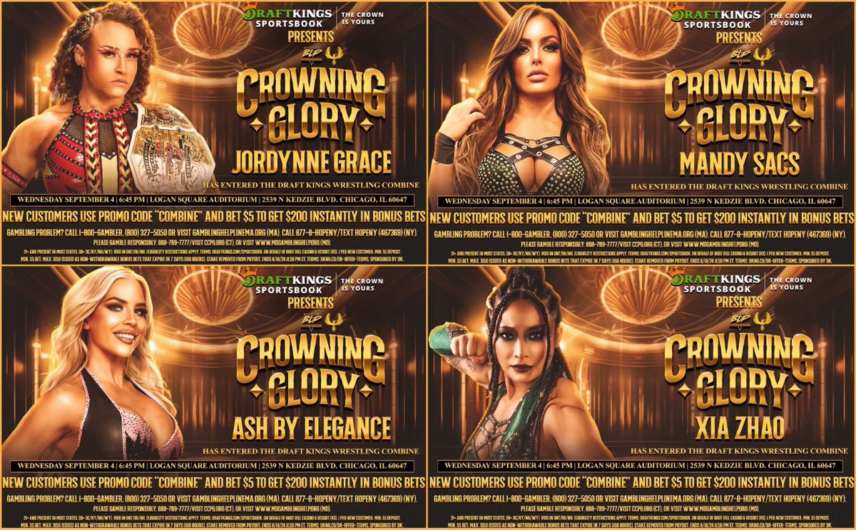 .<a href="/DraftKings/">DraftKings</a> Crowning Glory

💪🏻Combine💪🏻

blacklabelpro.com

<a href="/TheMooseNation/">MOOSE™️</a> 
@TheXiaZhao 
<a href="/TheParkerB_/">PARKER BOUDREAUX</a> 
<a href="/TheMikeRallis/">Mike Rallis</a> 
<a href="/JordynneGrace/">Jordynne Grace</a> 
<a href="/mandysacs/">Mandy</a> 
<a href="/Ashamae_Sebera/">Ash By Elegance</a> 
<a href="/RealJakeHager/">Jake Hager</a> 

New DK users: code “COMBINE” &amp; place $5 bet- get $200 in bonus bets instantly. #DKPartner