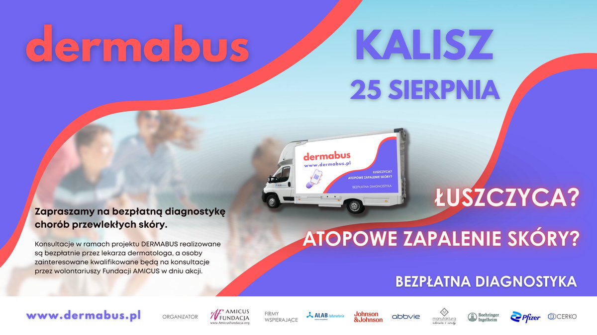 AMICUSfund's tweet photo. Bezpłatna diagnostyka chorób skóry w DERMABUSIE. 
24 sierpnia - Płock, Stary Rynek 
25 sierpnia - Kalisz, Rynek Główny 
Zapraszamy!
#dermabus #łuszczyca #azs
Więcej na https://t.co/rR33LC2NMi https://t.co/5My7S6eKXf