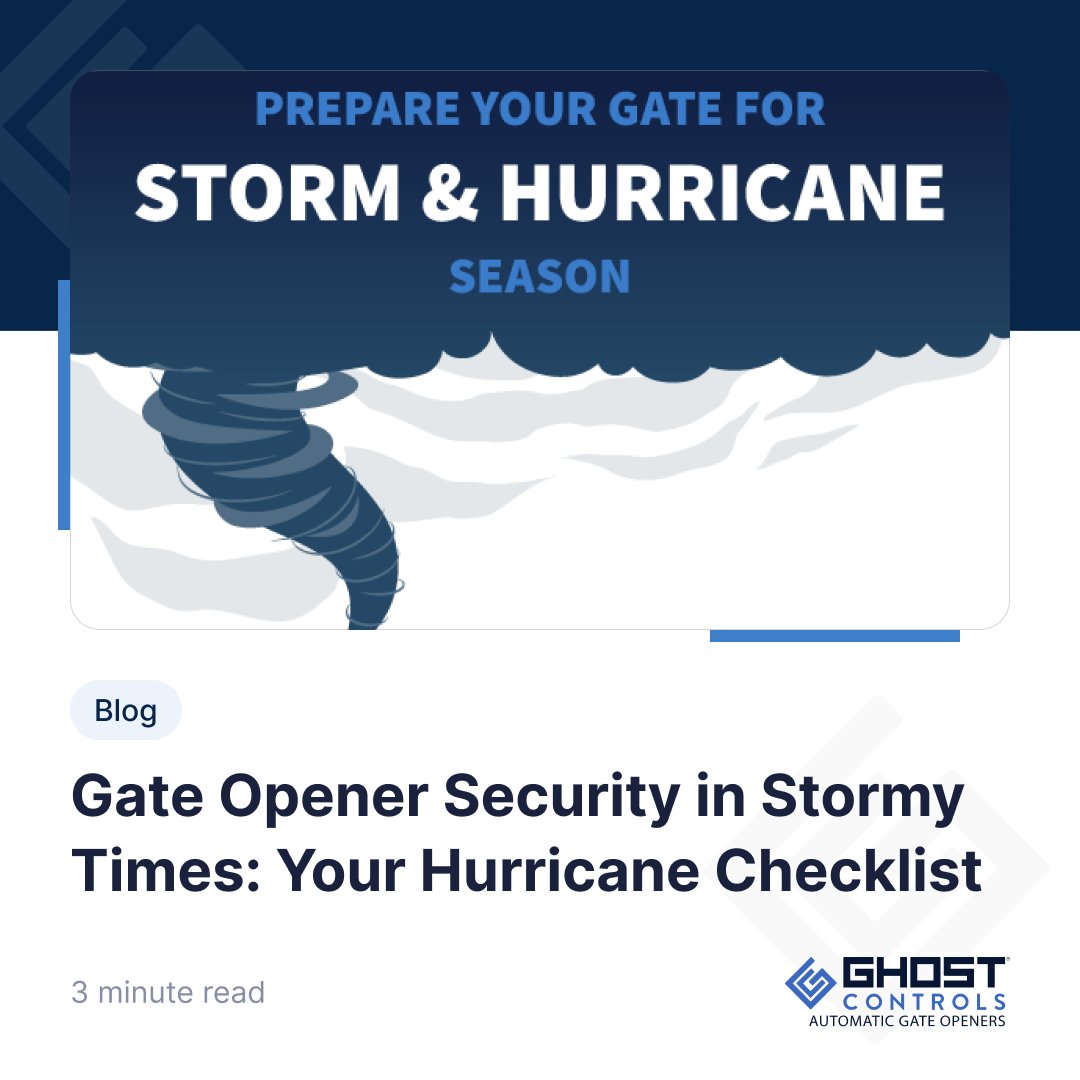 GhostControls's tweet image. With stormy weather ahead, make sure your gate opener can withstand the elements. Check out this quick read with a #HurricaneChecklist to keep your gate operational during severe weather. Get prepared today! ➡️ bit.ly/3Xe91cz
#gateOpener #GateTechnology #GoGhost