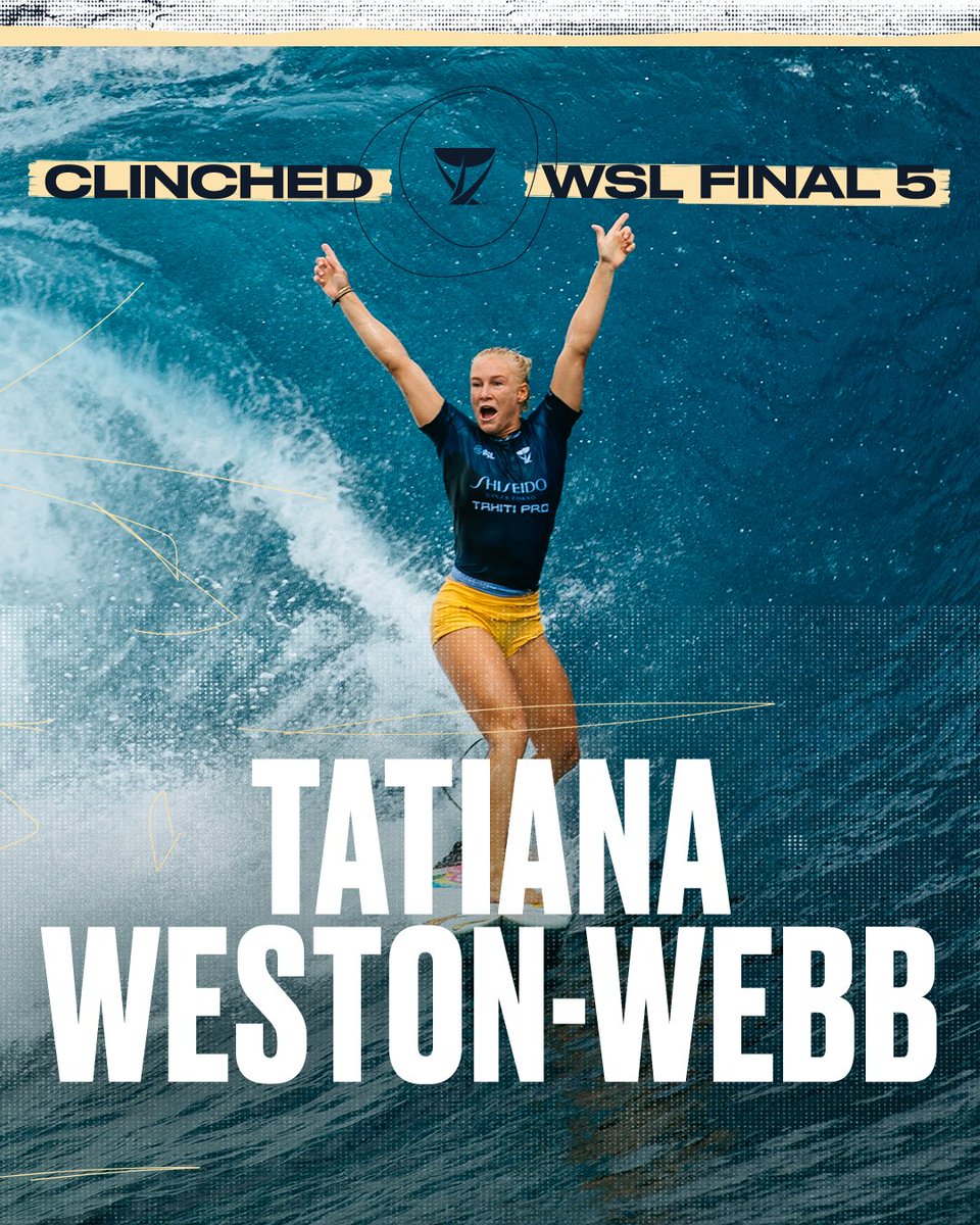 wsl's tweet photo. IT’S OFFICIAL. @tatiwest has clinched her spot in the #WSLFinal5.
See you at Trestles!
@Lexus https://t.co/ycbOvZ9OLn