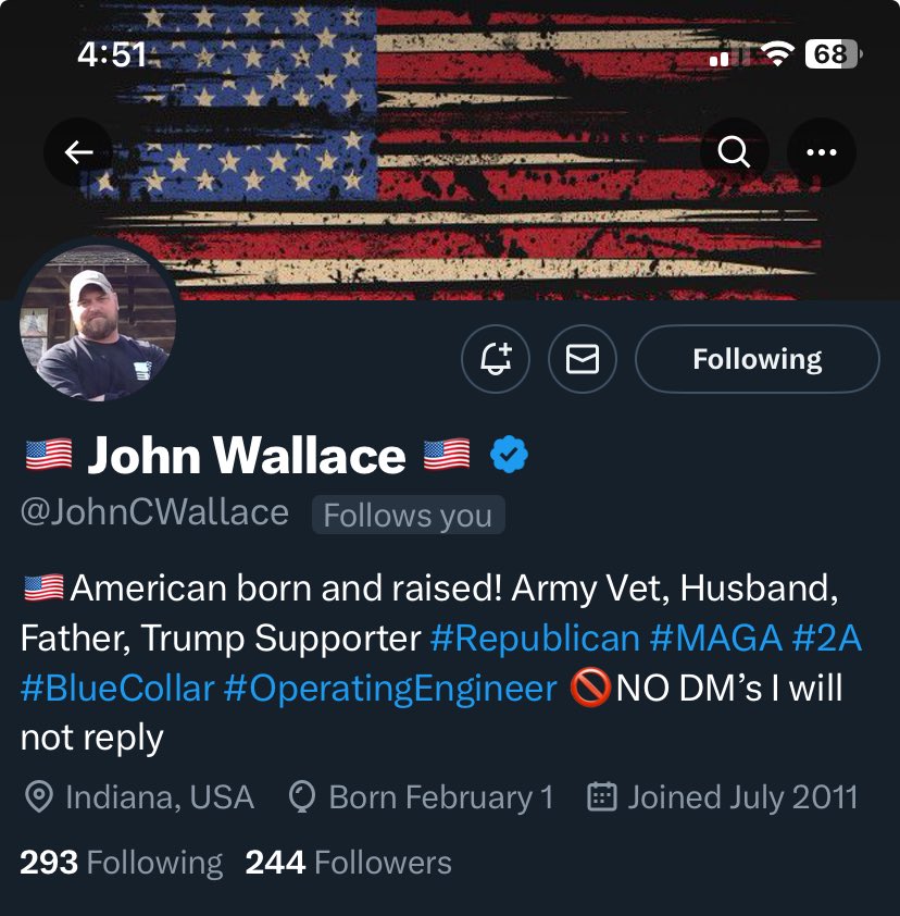 YUGEBOLZ's tweet photo. ⁦@JohnCWallace⁩ currently has 244 followers. Let’s do this! 💪🇺🇸🇺🇸🇺🇸 https://t.co/leXqNdv1Cc
