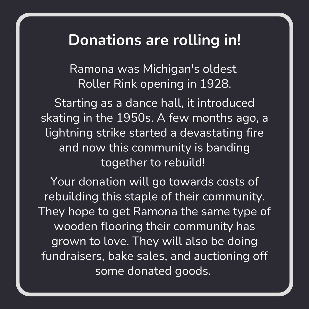 GiveSendGo's tweet photo. This community is coming together to rebuild a beloved historical landmark in their town!

Visit their campaign page here: https://t.co/MWOMGtKDfr to read more of their story and support this cause! 

#community #support #rollerrink #historical #GiveSendGo #Highlight https://t.co/ogBGwyyGRy