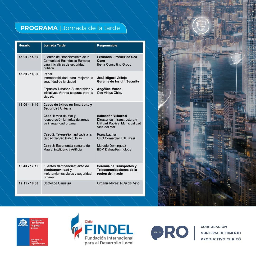 FindelC's tweet image. @FindelC junto a la Corporación Municipal de Fomento Productivo SomosPro y la Delegación Presidencial del Maule presentan #SmartCity y Seguridad Urbana.
Día: martes 27 
Lugar: Curicó.