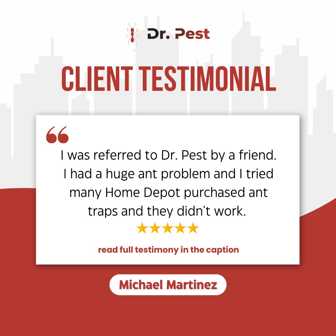 itsdoctorpest's tweet image. &quot;Fast forward a couple of weeks and the ants are all gone! I could be happier! I have tried other pest control companies in the past and none of them were successful in getting rid of my ant problem.&quot; - Michael Martinez

#CustomerReview #PestControlSuccess #HappyClients #DrPest