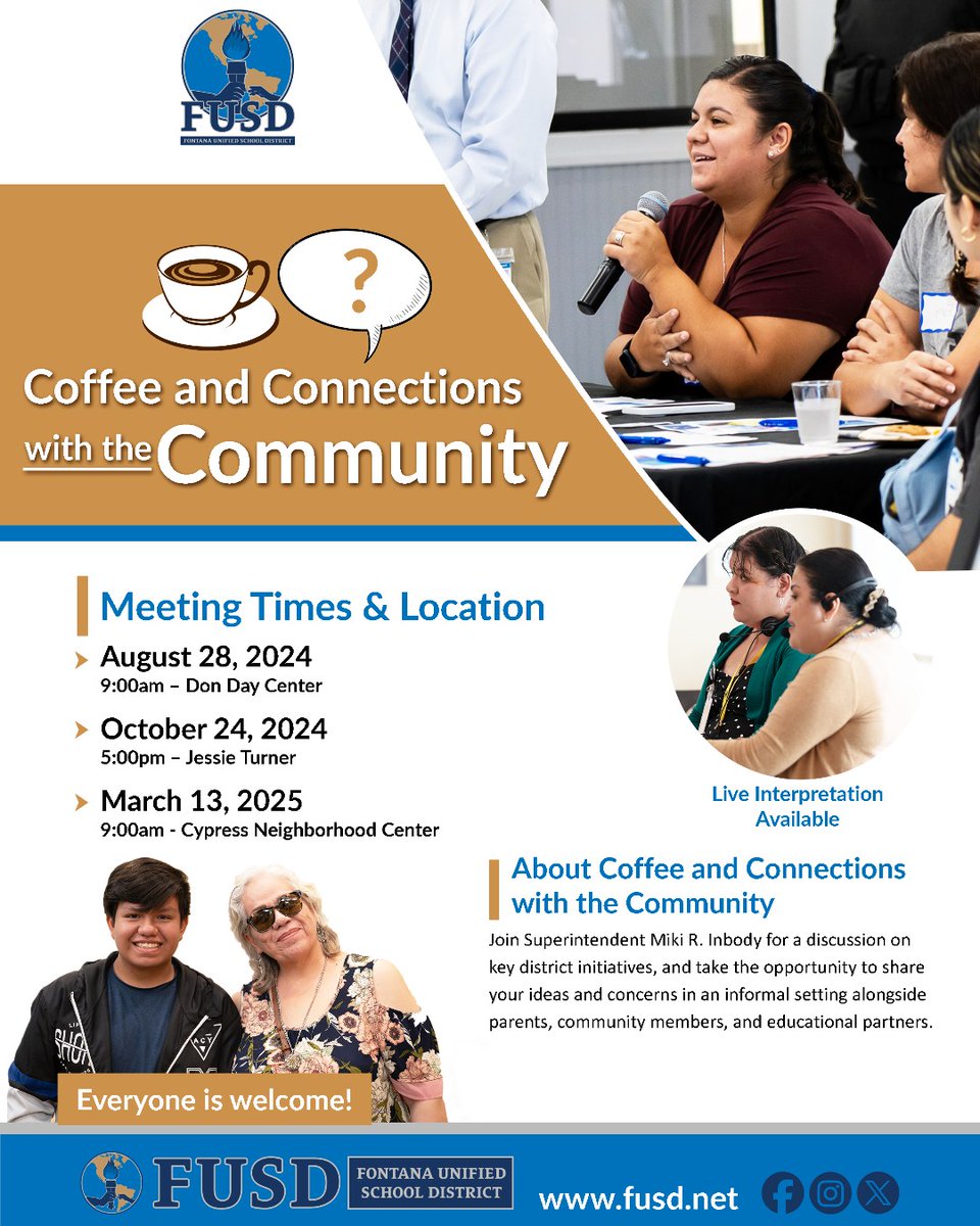 FontanaUnified's tweet photo. Save the Date!  Join Superintendent Miki R. Inbody for Coffee &amp; Connections with the Community to discuss happenings in the district.  Our first meeting is Wednesday, August 28 at 9am at the Don Day Community Center. #WeBelieveInFUSD #FontanaUnified https://t.co/VEDM8Lxe7J