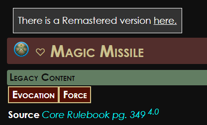 Nonat1s's tweet photo. Archives of Nethys, a FREE website, has the entirety of Pathfinder 2e's Legacy content alongside it's Remaster content as well as a "Legacy" button on the new content to redirect you to the original version.

If they can do that, WotC has no excuse for removing old content. https://t.co/mVolN8uhn6