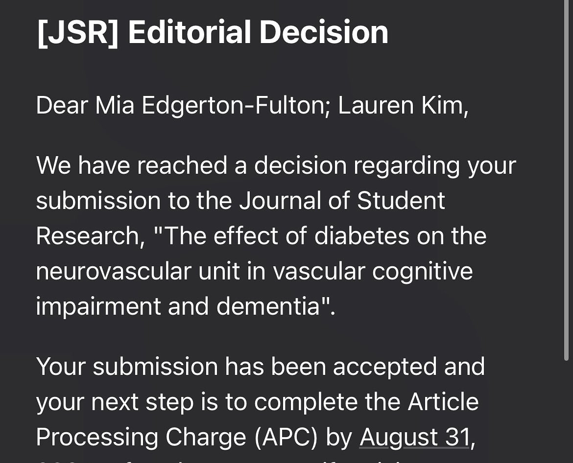 Mia Edgerton-Fulton, PhD (@msefulton) on Twitter photo Harvard undergrad scholar, Lauren Kim has successfully received an acceptance for our peer-reviewed article in the Journal of Student Research. It is such an amazing feeling to see students in the <a href="/ScholarlyScouts/">Scholarly Scouts™️</a> mentoring program succeed!
#ScholarlyScouts #diabetes #dementia Harvard undergrad scholar, Lauren Kim has successfully received an acceptance for our peer-reviewed article in the Journal of Student Research. It is such an amazing feeling to see students in the <a href="/ScholarlyScouts/">Scholarly Scouts™️</a> mentoring program succeed!
#ScholarlyScouts #diabetes #dementia