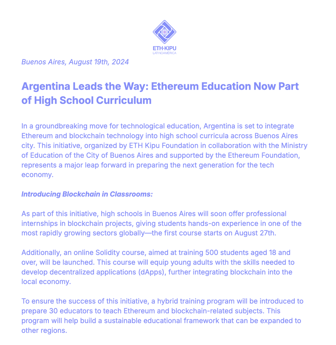 Phoenix_Amber1's tweet photo. #Ethereum & #Solidity education now part of high school curriculum in Buenos Aires! 🇦🇷
This marks a major leap forward in preparing next generation tech economy.
Students to partake in professional internships in Blockchain & online Solidity course.
@ethereum #ETHFoundation https://t.co/vnUFHW7pK8