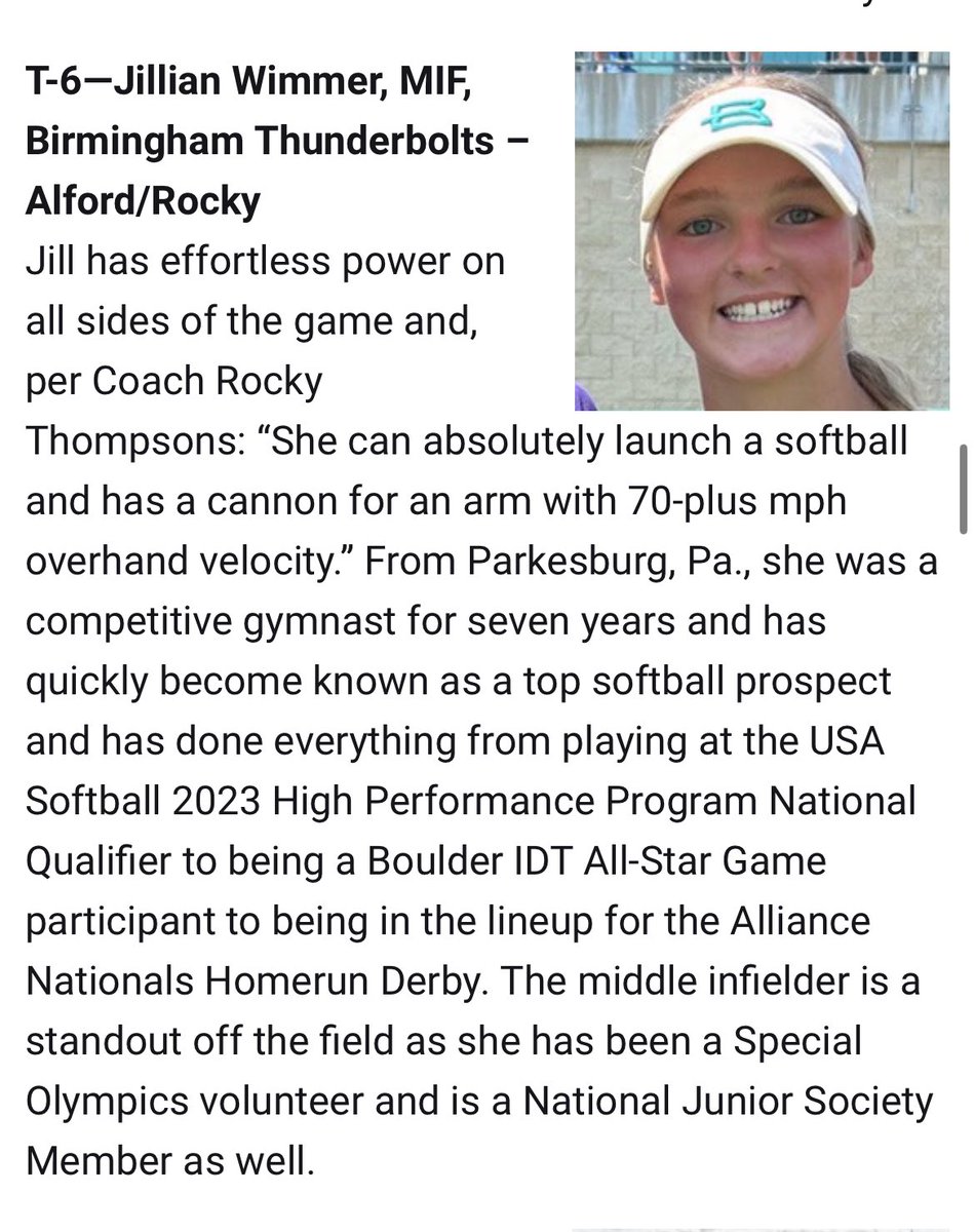 Jillian Wimmer 2027 (@jillianwimmer04) on Twitter photo What an incredible honor to be on this list with so many other amazing players! Thank you to all my coaches and my family who support me to be my best. #boltsboom #tigermentality 💜<a href="/LineDsoftball/">Line Drive Media</a> ⚡️<a href="/BhamBolts2027/">Birmingham Thunderbolts Premier 2027-Alford/Rocky</a> <a href="/bgcatching/">@BryanGarrettCatchingHitting</a> <a href="/coach_jenny2/">Jenny Buzzell-Parker</a> <a href="/Parisi_ASC/">Parisi Speed School-Academy Sports Complex</a> <a href="/PA_recruit/">Pennsylvania Softball Prospects</a> What an incredible honor to be on this list with so many other amazing players! Thank you to all my coaches and my family who support me to be my best. #boltsboom #tigermentality 💜<a href="/LineDsoftball/">Line Drive Media</a> ⚡️<a href="/BhamBolts2027/">Birmingham Thunderbolts Premier 2027-Alford/Rocky</a> <a href="/bgcatching/">@BryanGarrettCatchingHitting</a> <a href="/coach_jenny2/">Jenny Buzzell-Parker</a> <a href="/Parisi_ASC/">Parisi Speed School-Academy Sports Complex</a> <a href="/PA_recruit/">Pennsylvania Softball Prospects</a>