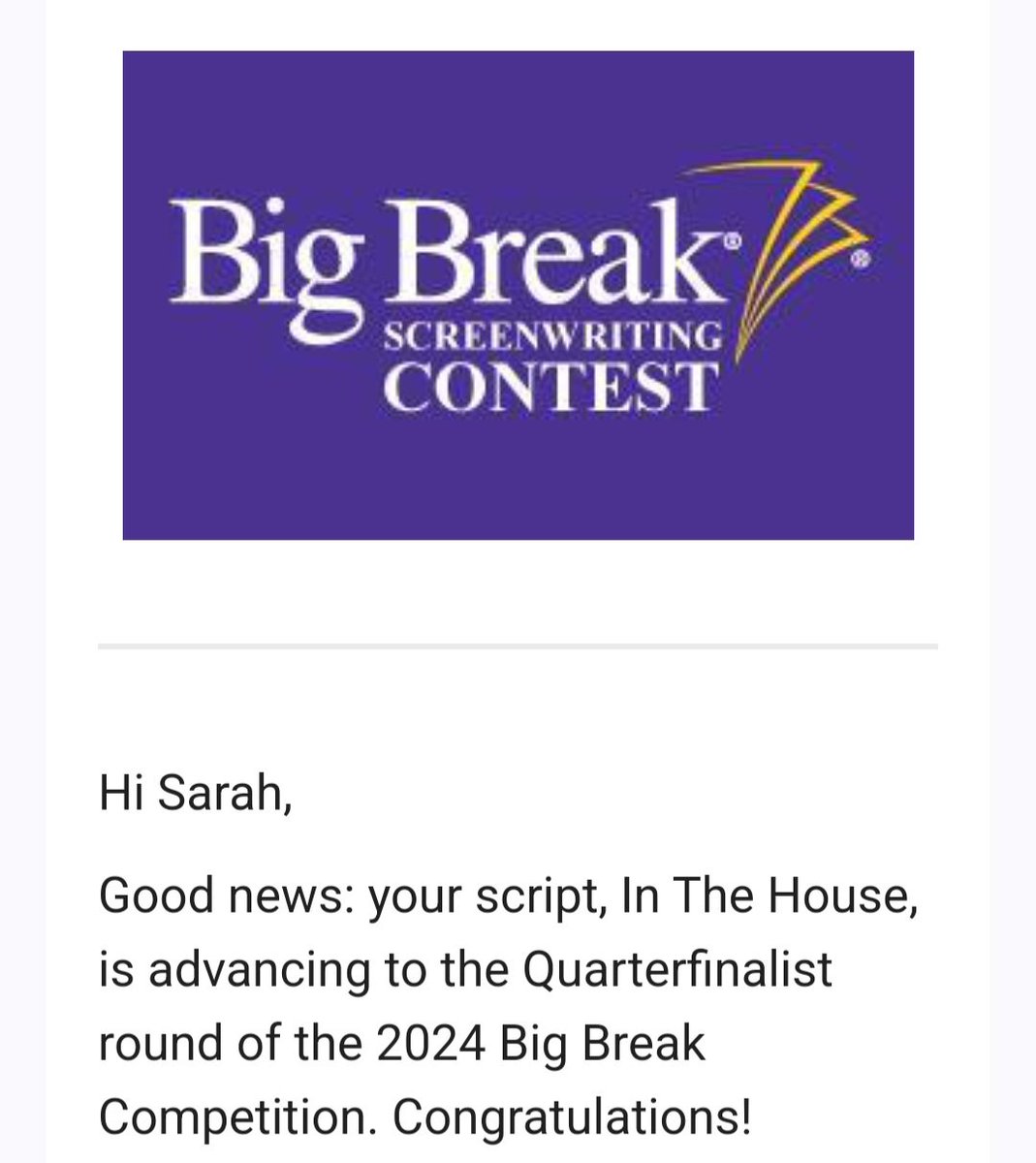 Sarah.S (@saraheshelly) on Twitter photo So excited that my contained horror feature "In The House" just placed as a quarterfinalist in the <a href="/finaldraftinc/">finaldraftinc</a> Big Break Contest So excited that my contained horror feature "In The House" just placed as a quarterfinalist in the <a href="/finaldraftinc/">finaldraftinc</a> Big Break Contest
