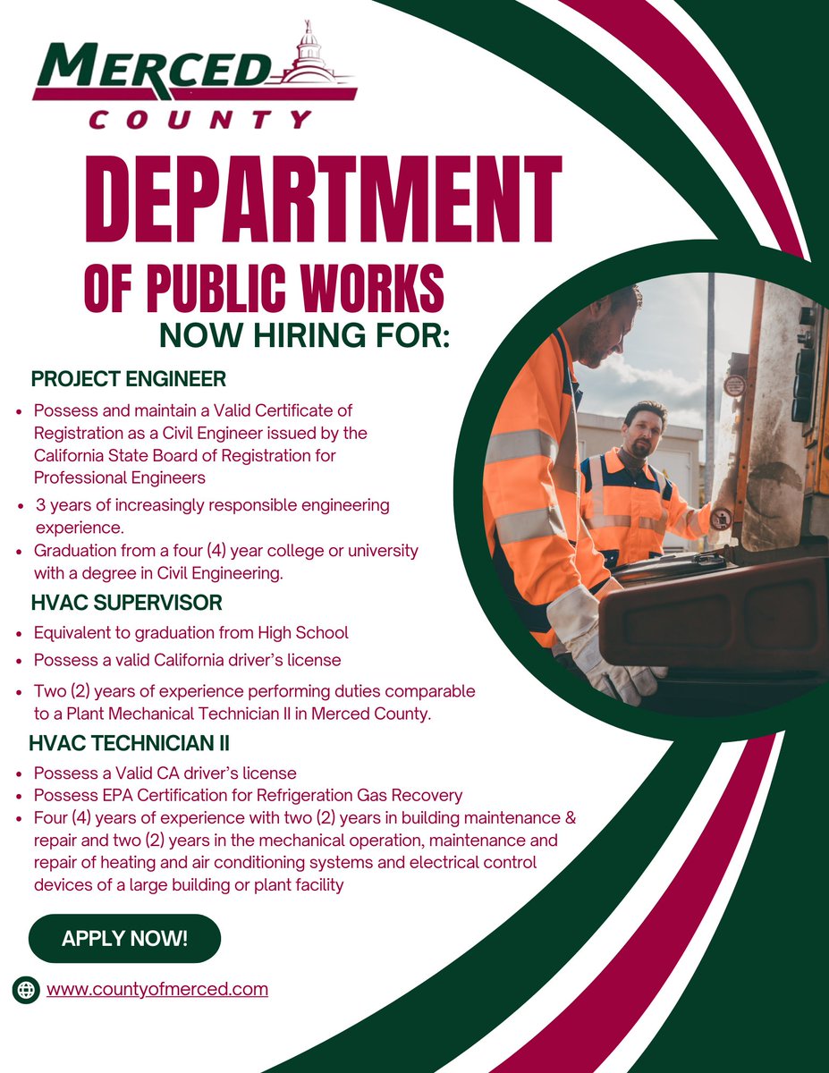 Merced County Department of Public Works is hiring! Apply Today!
#NowHiring #PublicWorks #EngineeringJobs #HVACJobs #ApplyNow