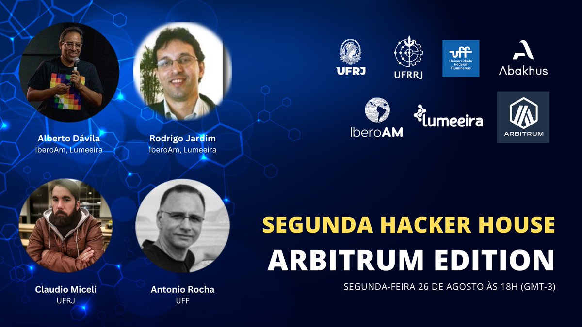 🚨 Live de divulgação da nossa segunda Hacker House (<a href="/arbitrum/">Arbitrum</a> edition). 

A Hacker House conta com mentores do <a href="/iberoam_xyz/">IberoAm</a>, Lumeeira, <a href="/uff_br/">UFF</a> e <a href="/ufrj/">UFRJ</a> e prêmios num total de US$ 3.000

🗓️ Segunda-feira 26 de agosto às 18h pelo YouTube:
youtube.com/watch?v=9rZMuC…