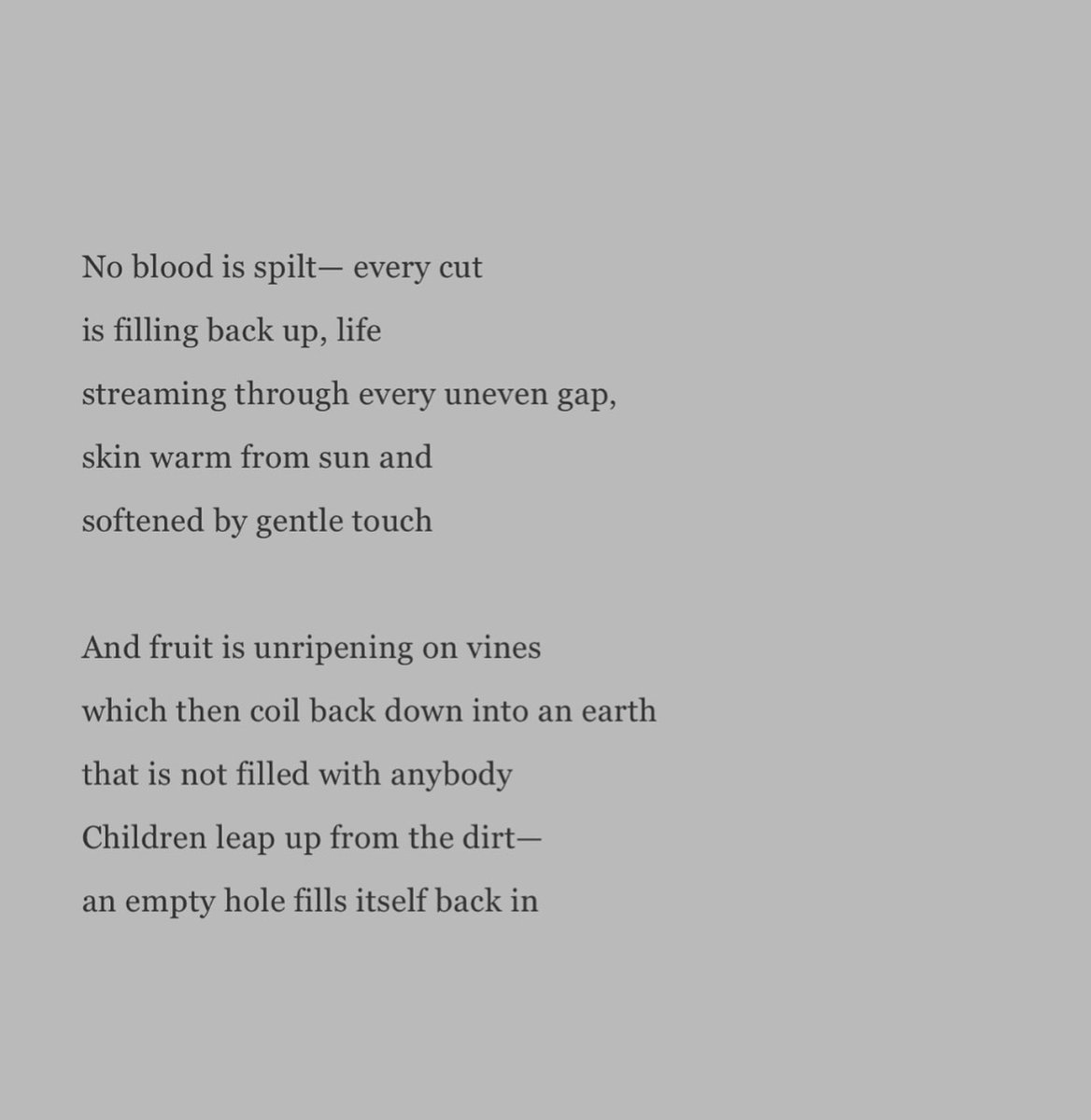 starlingmag's tweet image. "A baby in the arms of a small child
running backwards across a street,
which is having debris lifted from it
as if it were thousands of spores
brushed up into streaming light"

- Loretta Riach (@ghostb1rd), 'Reverse Tragedy' (after Matt Rasmussen / for a free Palestine)