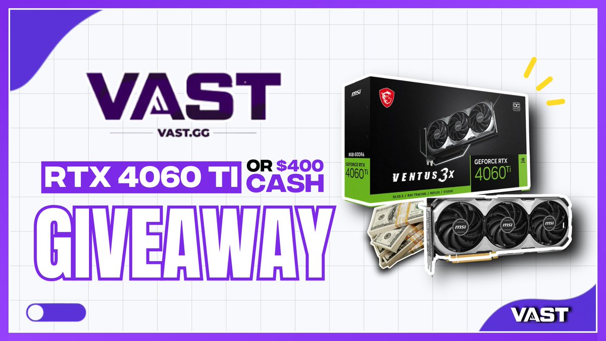 VastGG's tweet image. RTX 4060Ti Or $400 Cash Giveaway! 

To enter, perform these tasks via the link below:

🔁  Retweet + Like 

☄️  Follow @VastGG 

Enter Here: vast.link/VastGG