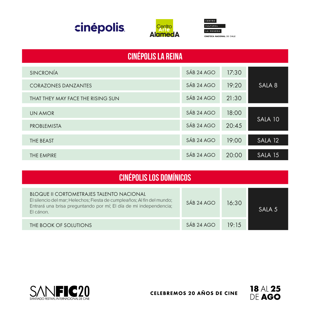 sanfic's tweet photo. ¡YA SE ACABA!⏰
Revisa la programación de este sábado 24 de agosto y corre la voz para no perderse los últimos días de #SANFIC 20 años.
🎟️Asegura tus entradas en https://t.co/ABicrFGaql
@CorpArtes
@storyboardm_
@culturas_cl
@Cinepoliscl
@CineArteAlameda
@CinetecaChile https://t.co/nb17ITwPAo