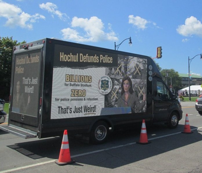 If you see our digital billboard truck at the <a href="/NYSFair/">New York State Fair</a> this week, show your support with a friendly car horn beep.    #HochulDefundsPolice 👎👎
