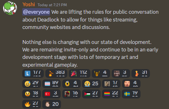 gabefollower's tweet photo. Deadlock developers allowed public conversations about the game. You can freely share and discuss gameplay footages from now on.

"Nothing else is changing with our state of development. We are remaining invite-only and continue to be in an early development stage with lots of temporary art and experimental gameplay."