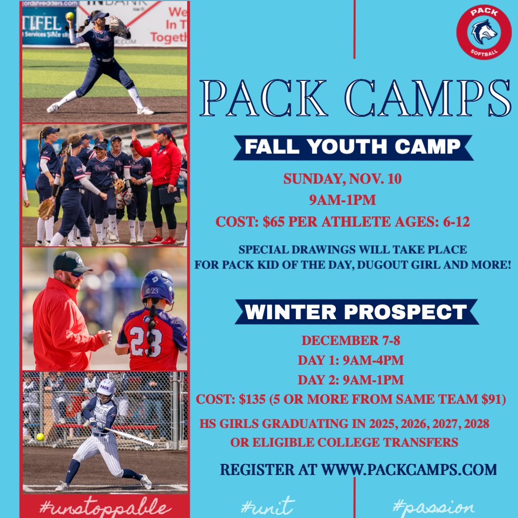 🚨 Sign up today for an upcoming <a href="/CSUPsoftball/">CSU-Pueblo Softball</a> Camp and enhance your game!

A Fall Youth Camp will be held on November 10 for girls ages 6-12

A Prospect Camp will take place December 7-8 for HS girls and eligible transfers

Register packsoftballcamps.com 

#DevelopingChampions