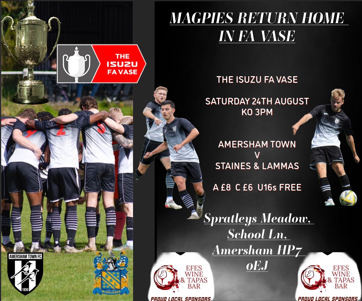 AmershamTownFC's tweet photo. 🏆@IsuzuFAVase 
🆚 @SLammasMiddxFC 
📆 24/08
🕒 15:00
🍻Clubhouse open from 1pm
🏟️ Spratleys Meadow, School Ln, Amersham HP7 0EJ
🎟️ £8A  £6C  £0 U16

@favasefactfile @NonLeagueHQ1 @NonLeagueCrowd @AmershamNews @Ollie_Bayliss @NonLeagueFix @NonLeaguePaper @nonleaguechat @ComCoFL https://t.co/SIpMIRALmp