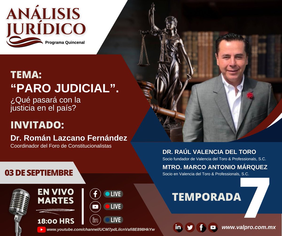 VALPRO le invita a sintonizar nuestro programa: "ANÁLISIS JURÍDICO", el próximo 03 de septiembre de 2024. 

SÉPTIMA TEMPORADA

Tema: “Paro Judicial”. 
¿Qué pasará con la justicia en el país?

#AnálisisJurídico #ElConsejoDelAbogado  #poderjudicial #Gobierno #FelizViernesATodos