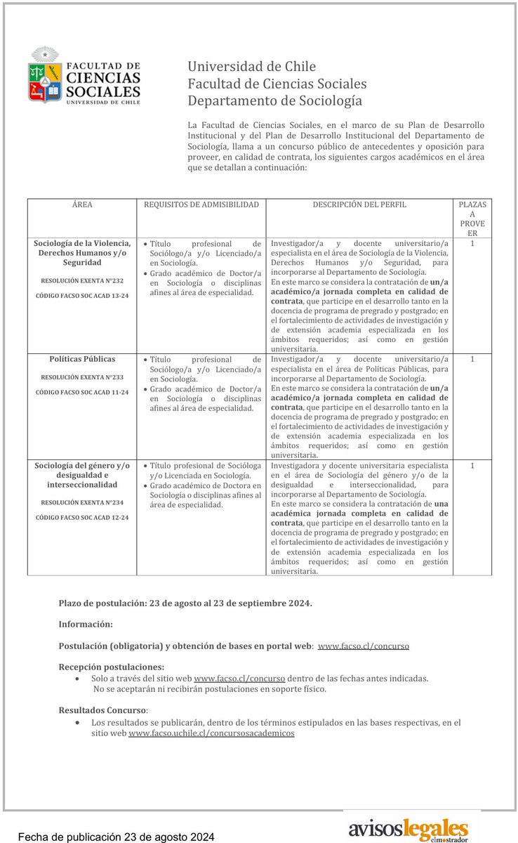 Emmanuelle Barozet (@emmanuellebaro3) on Twitter photo Tres concursos abiertos en el departamento de sociología de la Universidad de Chile <a href="/facsouchile/">Ciencias Sociales</a> Detalles en facso.uchile.cl/academicos/con… Tres concursos abiertos en el departamento de sociología de la Universidad de Chile <a href="/facsouchile/">Ciencias Sociales</a> Detalles en facso.uchile.cl/academicos/con…