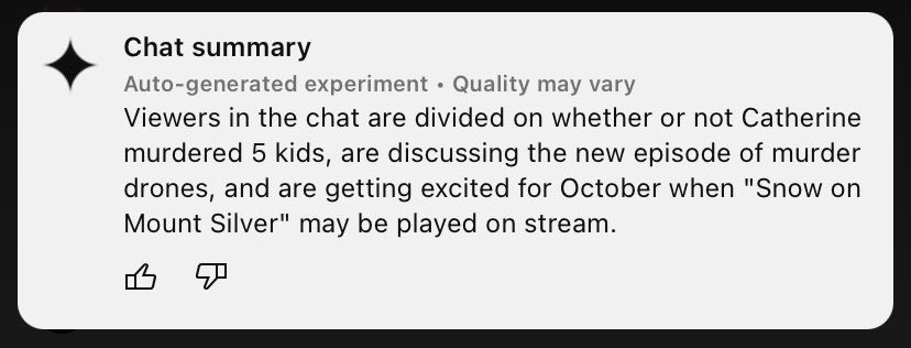 shinyycatherine's tweet image. Hey uh @TeamYouTube ? Can you maybe stop with this experiment??? All chat did was call me purple why does the summary say this???