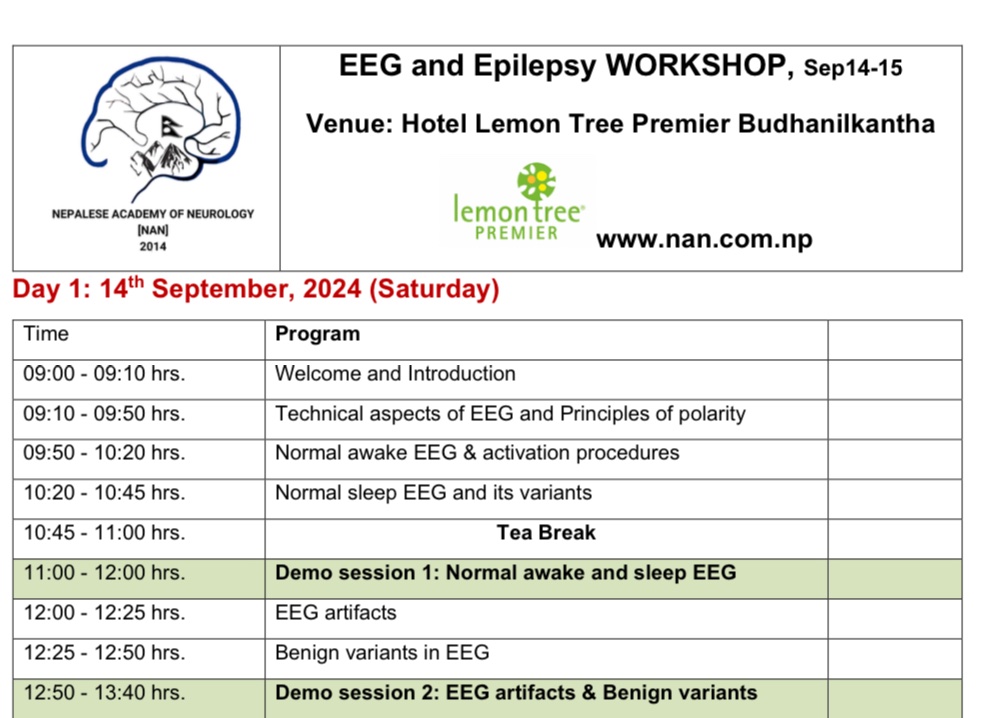 EEG and Epilepsy workshop Sept 14-15, 2024, details at nan.com.np organized by Nepalese Academy of Neurology