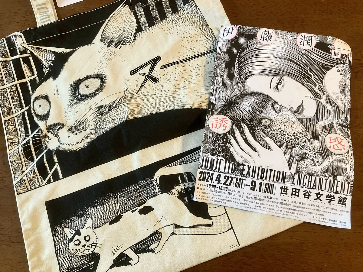 昨日は伊藤潤二展に行って来ました。8月末までなためか平日なのにかなり混んでいてびっくり。でも入場料1000円安すぎるだろってほど展示物が多くて楽しかったです。
欲しかったネコチャンのバッグも無事にゲット出来て大満足。