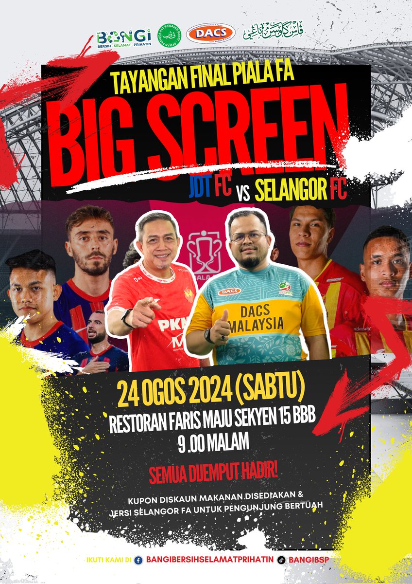 pas_bangi's tweet photo. BIG SCREEN FINAL PIALA FA‼️

Jom kita saksikan Tayangan Skrin Gergasi Perlawanan Akhir Piala FA 2024.

Ayuh bersama DACS Bangi memeriahkan suasana Perlawanan Akhir Piala FA 2024.

JUMPA DI SANA! 🔴🟡

#FinalFACUP #MerahKuning #LambangKebanggaan 
#SFC #BangiBersihSelamatPrihatin https://t.co/utioPWlyPA