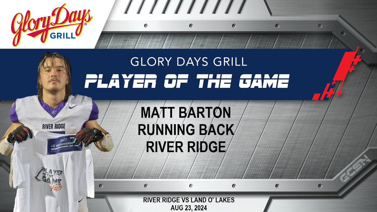 Gulf Coast Sports Network would like to congratulate Matt Barton for being named the Glory Days Player of the Game on our Aug 23, 2024 broadcast! Full replay on our YT channel. <a href="/MattBarton_7/">Matt Barton</a> <a href="/KnightsRRHS/">2025 River Ridge Knights Football</a> <a href="/fred_reid32/">Fred Reid</a> <a href="/Andy_Villamarzo/">Andy Villamarzo</a> <a href="/PascoCountyFB/">PascoCountyFB</a> #football #hsfootball