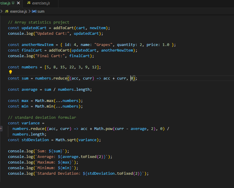 Sly_Softs's tweet photo. Day 40 of #100DaysOfCode: Built an Array Statistics Calculator in #JavaScript!  Practiced array methods like reduce(), used the spread operator for Math.max() &amp; Math.min(), and calculated standard deviation.
#EnrollWithSTS
@stechie_school https://t.co/j2ymSdcBTc