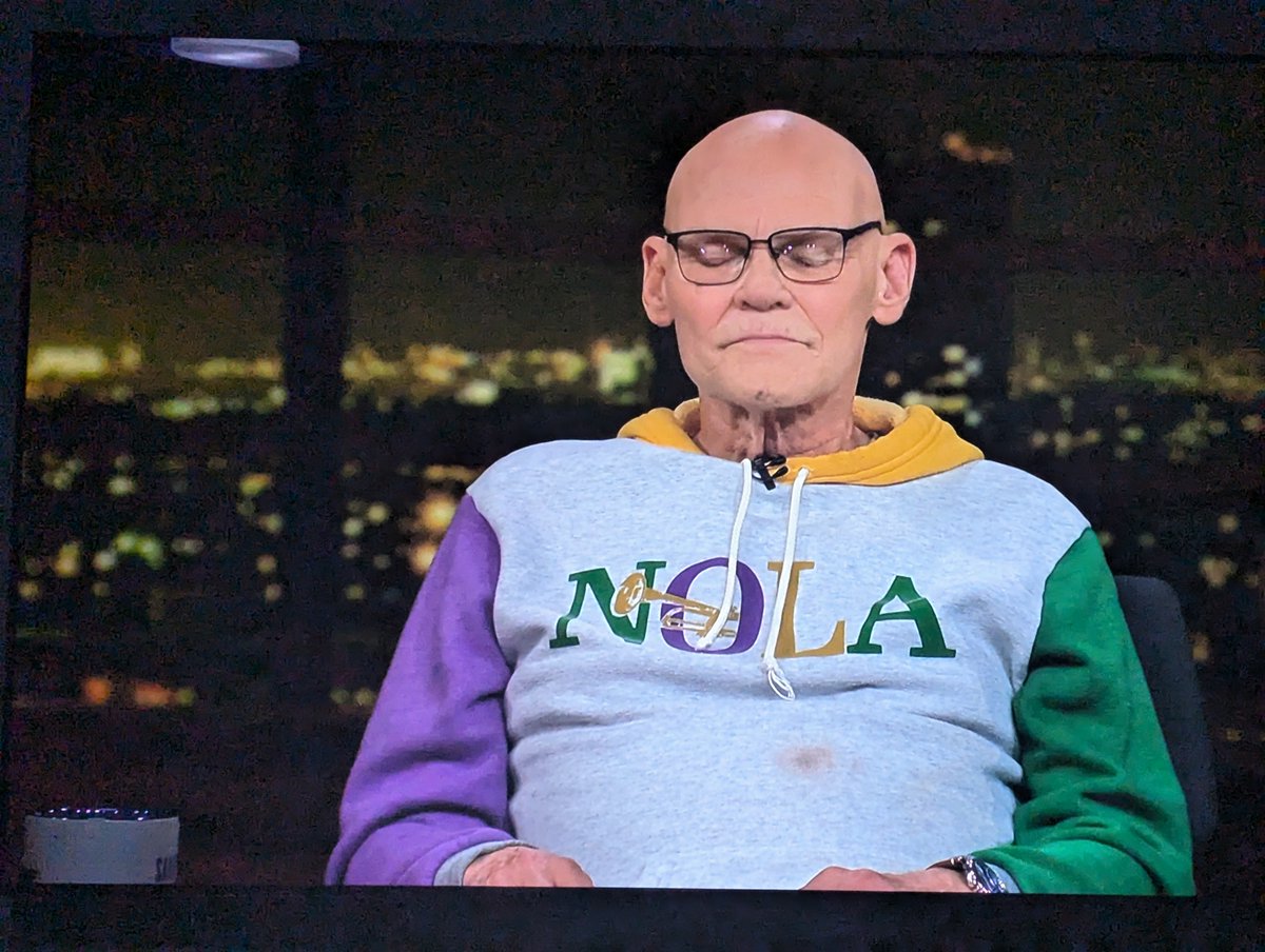 The booze-stained NOLA sweatshirt on <a href="/JamesCarville/">James Carville</a> is perfection. #RealTimeWithBillMaher