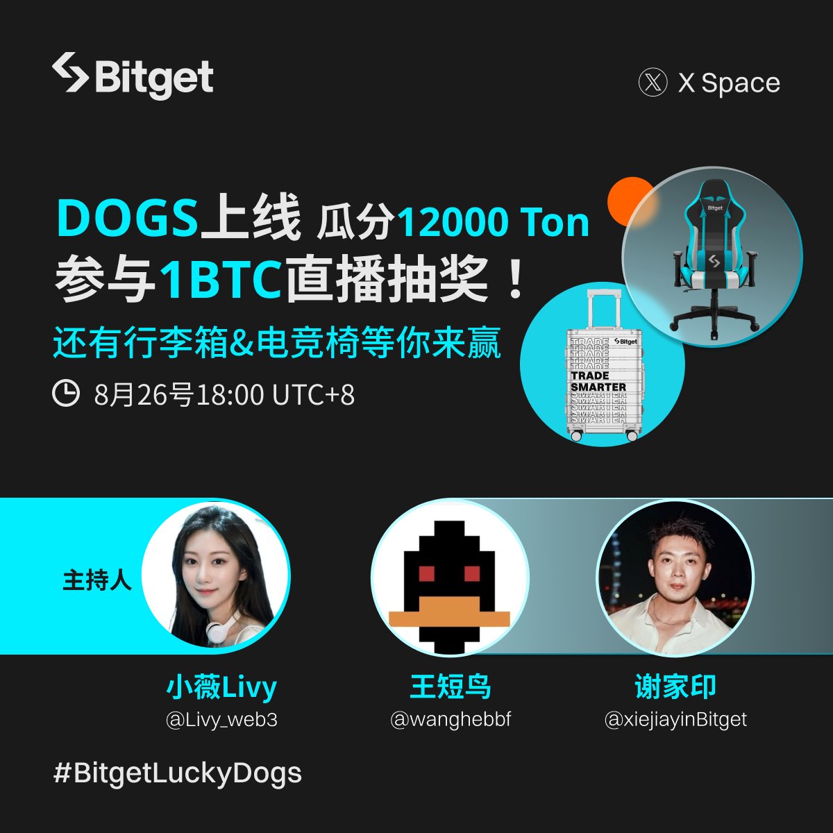⏰8月26日周一下午6️⃣点，加入#Bitget Space，了解有关Bitget上线$DOGS 的所有信息🦴 参加#DOGS  充值活动，瓜分12,000 $TON ！ 直播现场抽奖，赢取特别大奖- 1 $BTC ！