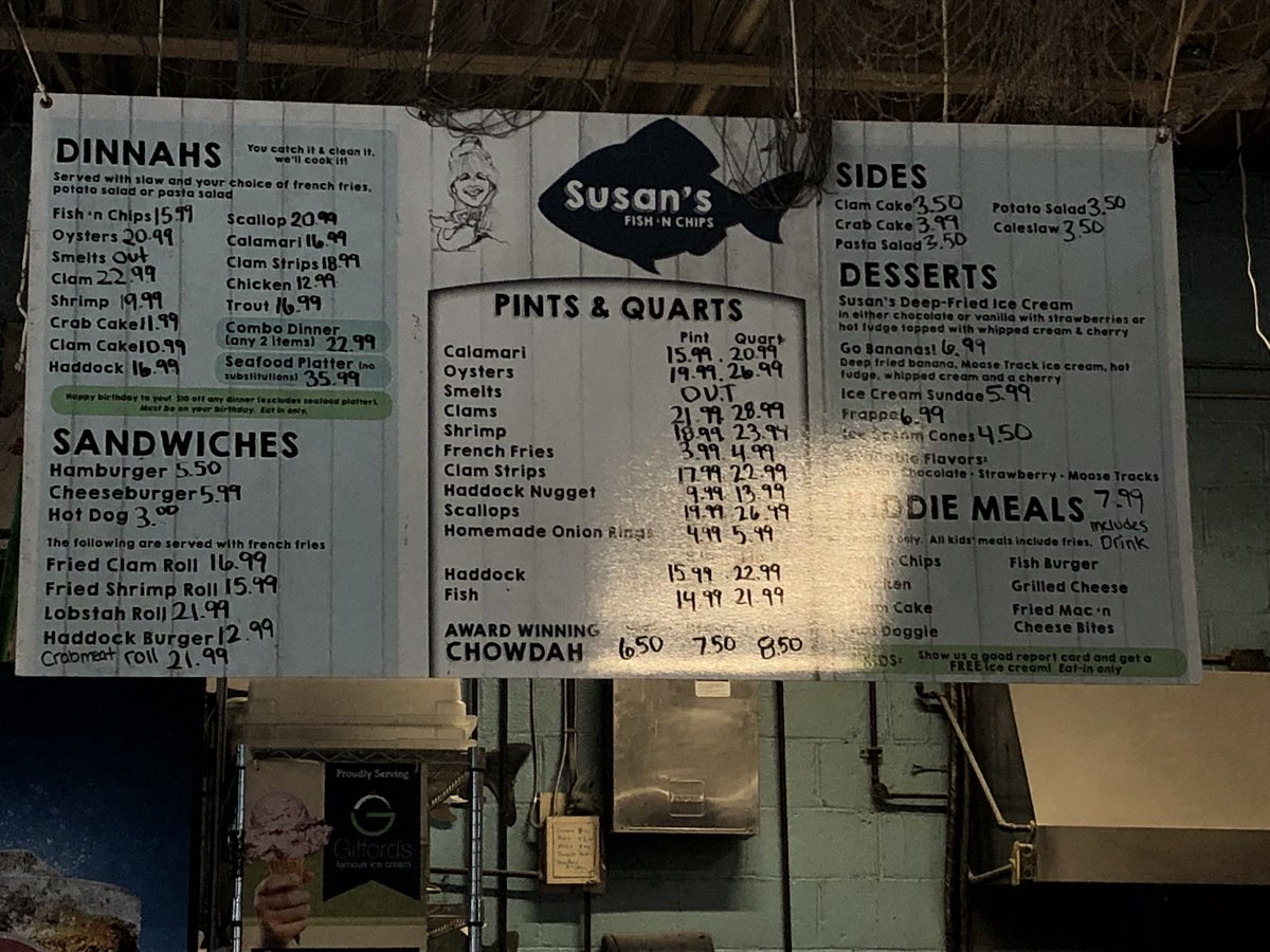 5_RWEngineering's tweet photo. Susan’s Fish and Chips in Portland Maine is a decent restaurant. The Lobster Roll is well priced, tasty, and served with fries. I personally prefer English style Fish and Chips, but these were certainly not bad, having a different and less crunchy battering. https://t.co/zLTXYTYs2m