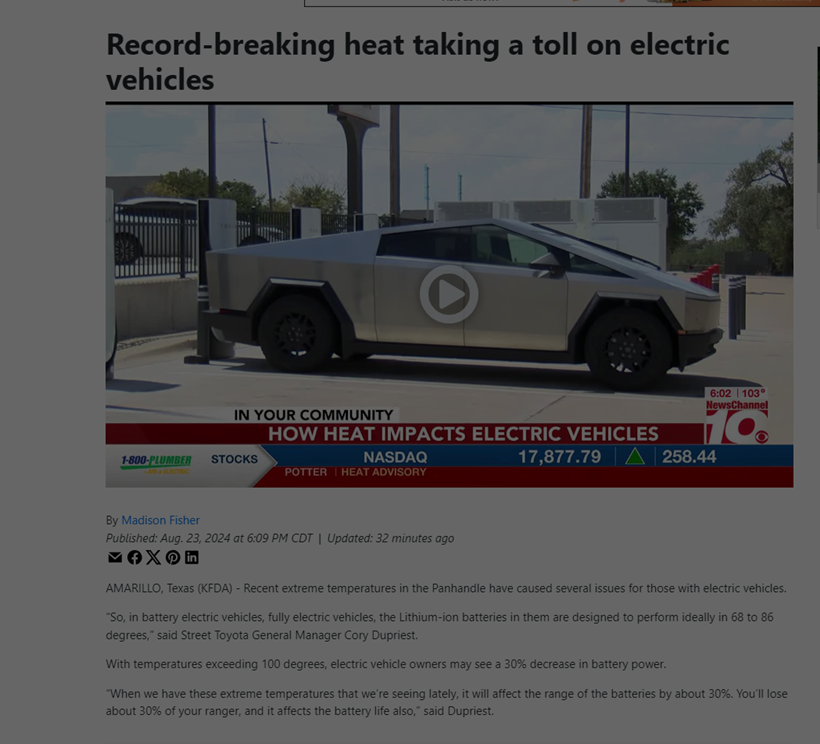 anasalhajji's tweet photo. “So, in battery electric vehicles, fully electric vehicles, the Lithium-ion batteries in them are designed to perform ideally in 68 to 86 degrees,” 

With temperatures exceeding 100 degrees, electric vehicle owners may see a 30% decrease in battery power."