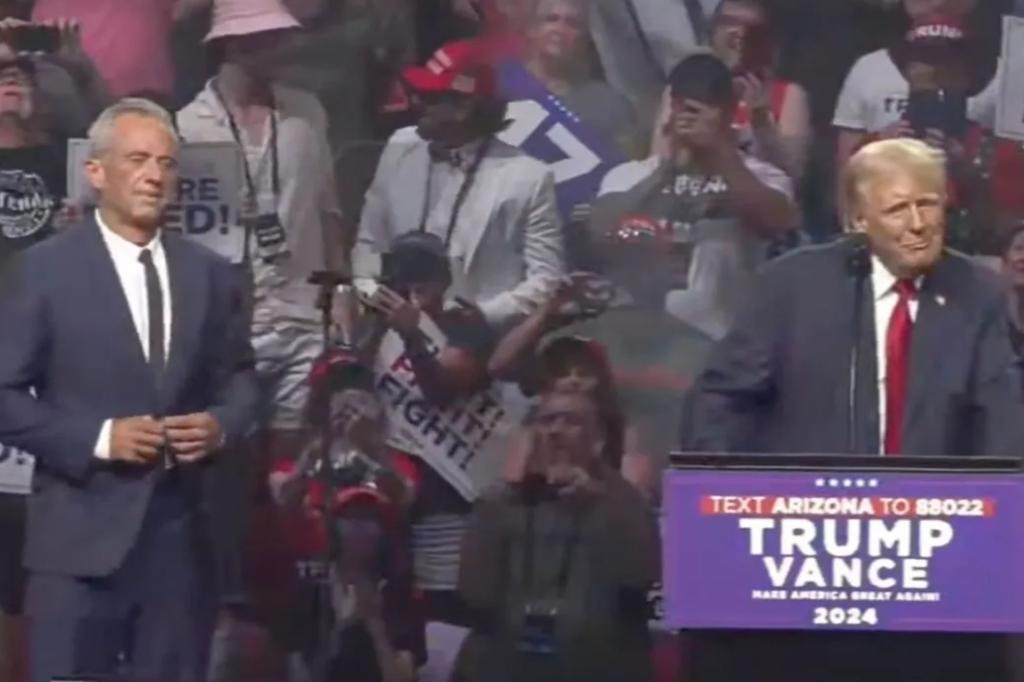 nypost's tweet photo. RFK Jr. makes his Trump rally debut hours after endorsing GOP nominee: ‘I’m proud of Bobby’ https://t.co/KQGtriVbOC https://t.co/VyFZWoLC7T