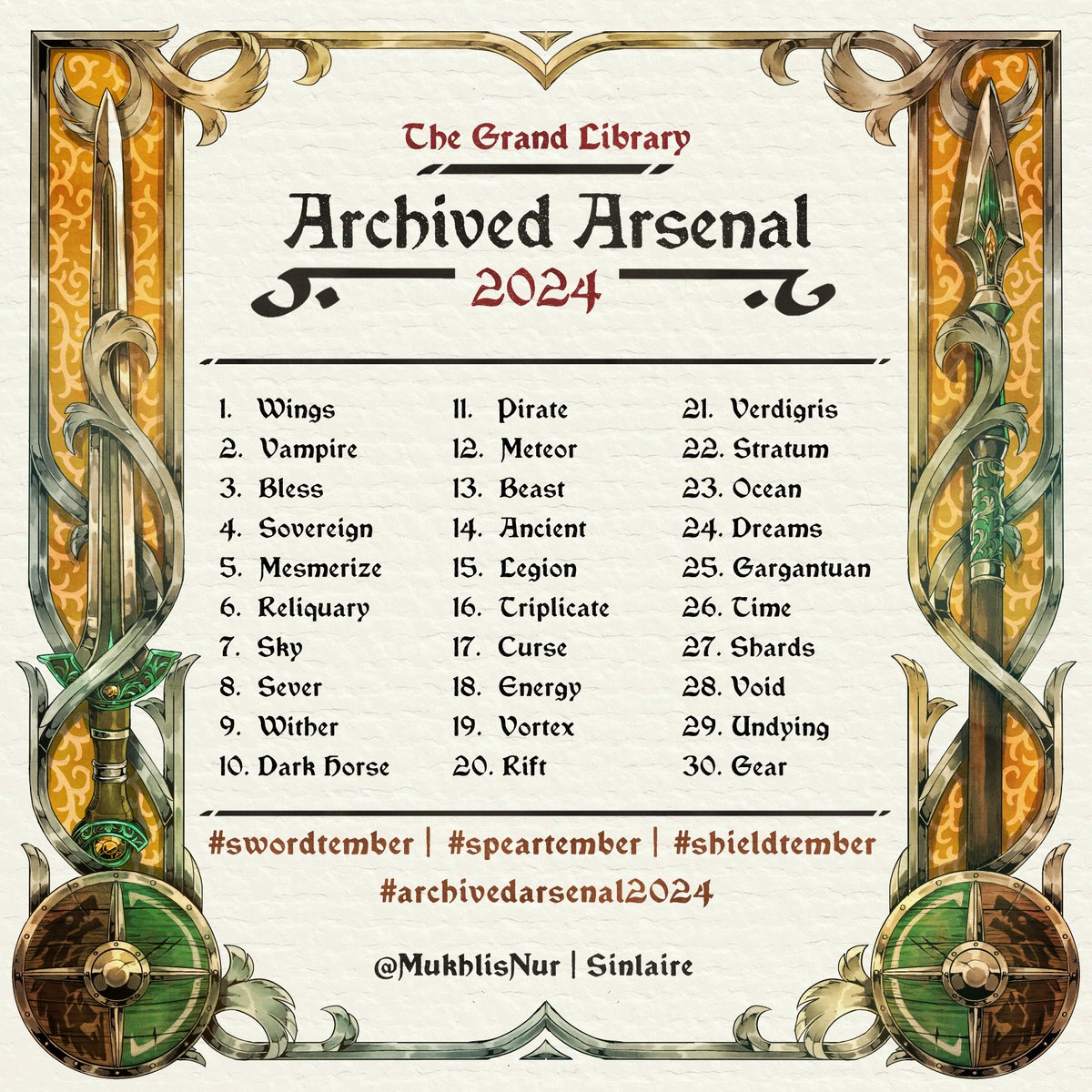 This is my swordtember list for #swordtember2024
But I will not just do Swordtember this year. As voted by patrons, I will split this month into 3 sections and do  #swordtember, #speartember, and #shieldtember

Feel free to use this list or the official one by <a href="/faith_schaffer/">faith 🔜swordtember</a>