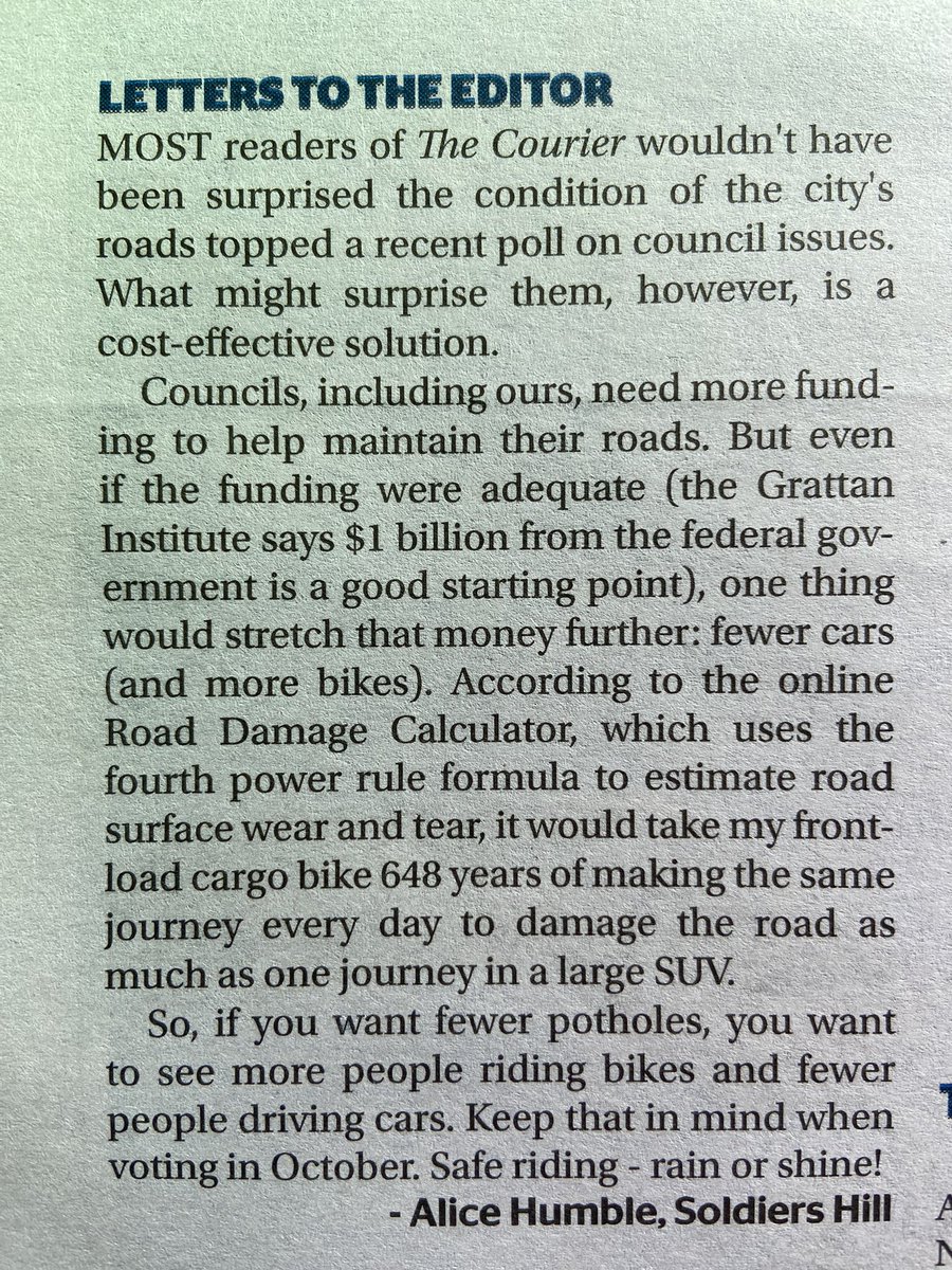 Local Ballarat resident Alice nails it in this opinion piece in The Courier today:

“So, if you want fewer potholes, you want to see more people riding bikes and fewer people driving cars.”