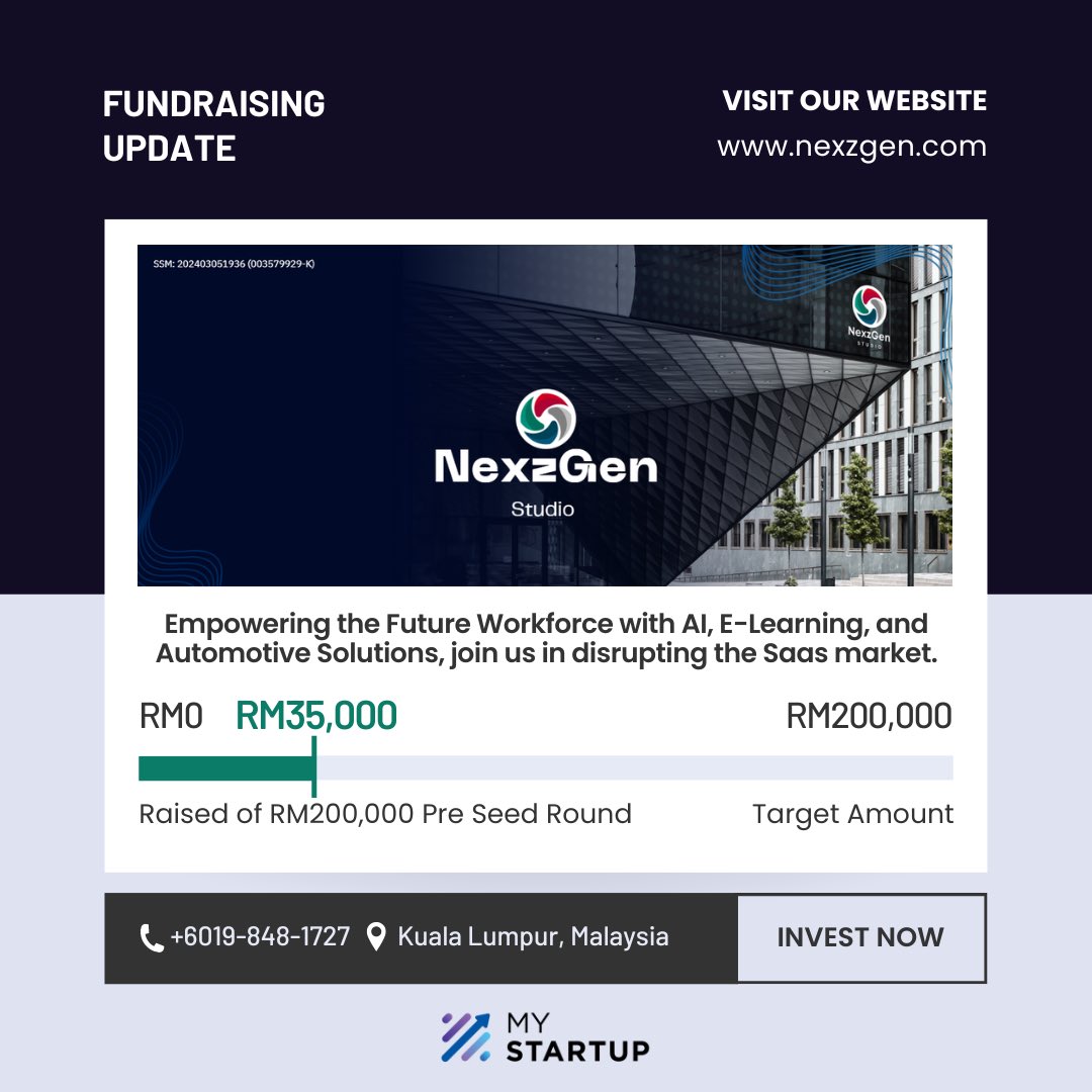 NexzGenStudio's tweet photo. 🚀 Exciting News! NexzGen is on a mission to empower the future workforce with cutting-edge AI, E-Learning, and Automotive Solutions. We've officially raised RM35,000 in our Pre-Seed Round, with a target of RM200,000. 💼🌟 https://t.co/S2HC8g5mlb