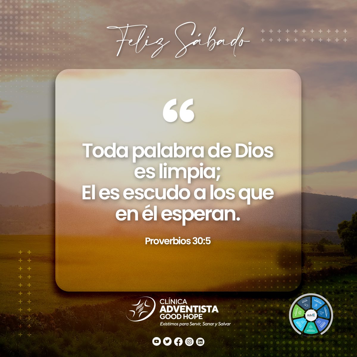 Que Dios le regale su protección, cuidado y un día de esperanza. 
Solo Él es escudo para quienes lo buscan.

Feliz sábado 🙏🏼❤️🤩
#ClínicaAdventistaGoodHope #FelizSábado #ServirSanarSalvar