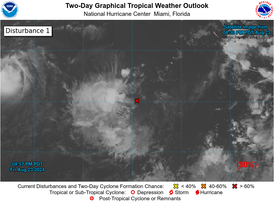 NHC_Pacific's tweet photo. 5 PM PDT Aug. 23: We continue to monitor an area of low pressure well to the west-southwest of the Baja California peninsula (#EP92), which is expected to become a tropical depression this weekend or early next week. 

Latest info: https://t.co/iYIpekuSTw https://t.co/NWiXBW1Ay5