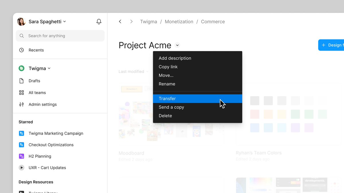 figma's tweet photo. ICYMI: You can now transfer work to your clients in Pro plans (previously limited to Org & Enterprise). Send a copy of the project while retaining the original. Recipients can remove collaborators when accepting a transfer to avoid unintended upgrades.

This is the first step on the roadmap we announced at Config to improve the Figma experience for freelancers and agencies. More to come!

Learn more about transferring projects: https://t.co/GJqn5eoqXa