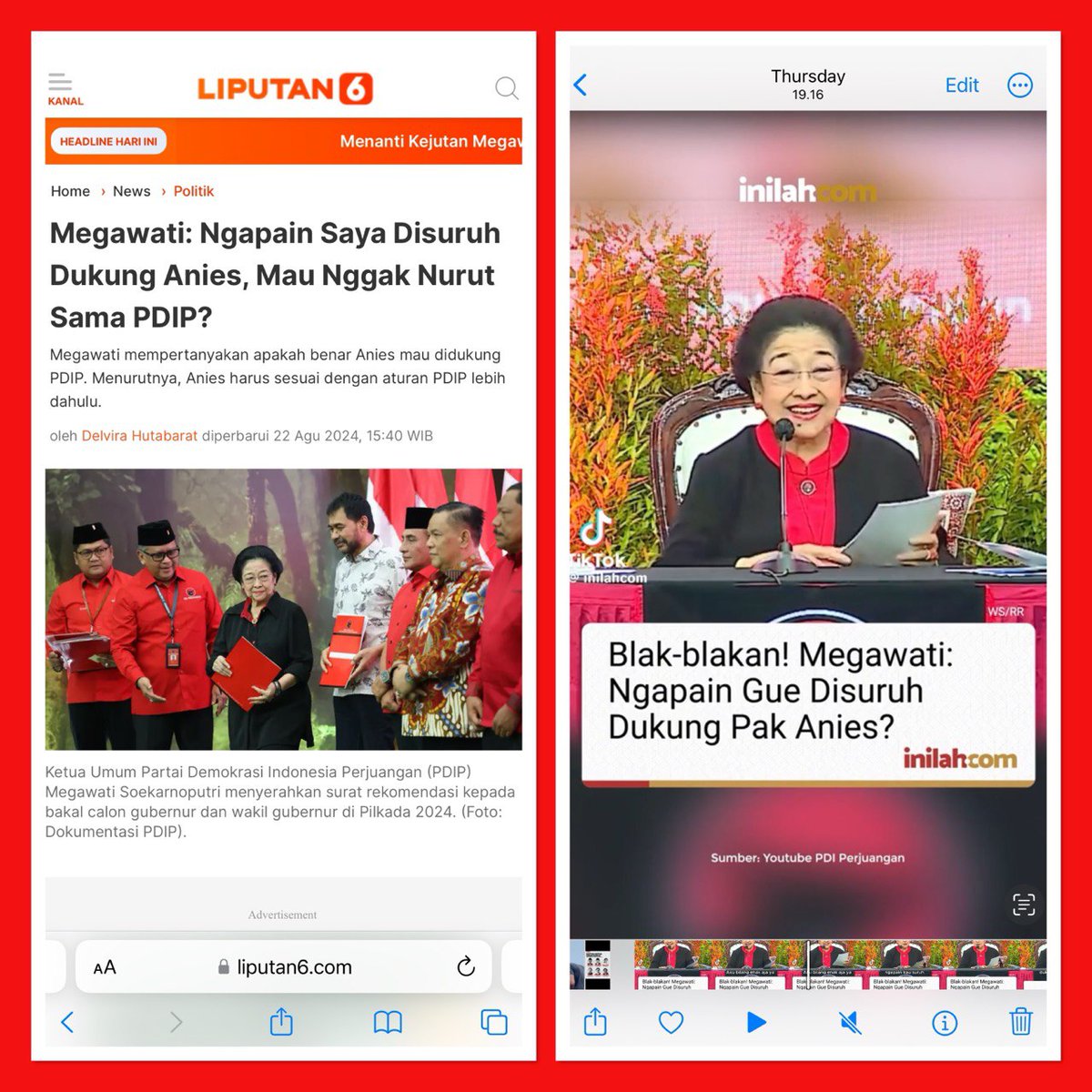 MESKI TENGIL HATINYA MINAT⁉️

Pilpres 2009, saat dipasangkan dng <a href="/prabowo/">Prabowo Subianto</a> dng tengil bu Mega nolak. Tp akhirnya maju brdua

2014 dng tengil bu Mega jg nolak <a href="/jokowi/">Joko Widodo</a>. Akhirnya PDIP usung Jokowi

Nah Pilgub 2024, meski dng gaya tengil Bu Mega mnolak <a href="/aniesbaswedan/">Anies Rasyid Baswedan</a>, tp hatinya minat