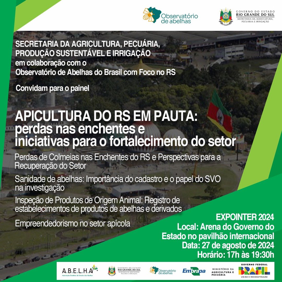 Abelhaorg's tweet image. O Observatório de Abelhas do Brasil e a Secretaria da Agricultura do RS convidam apicultores e meliponicultores para o painel &quot;Apicultura do RS em Pauta&quot; na Expointer 2024. O evento discutirá desafios pós-enchentes e iniciativas para fortalecer o setor! 🐝🌼 #Expointer2024