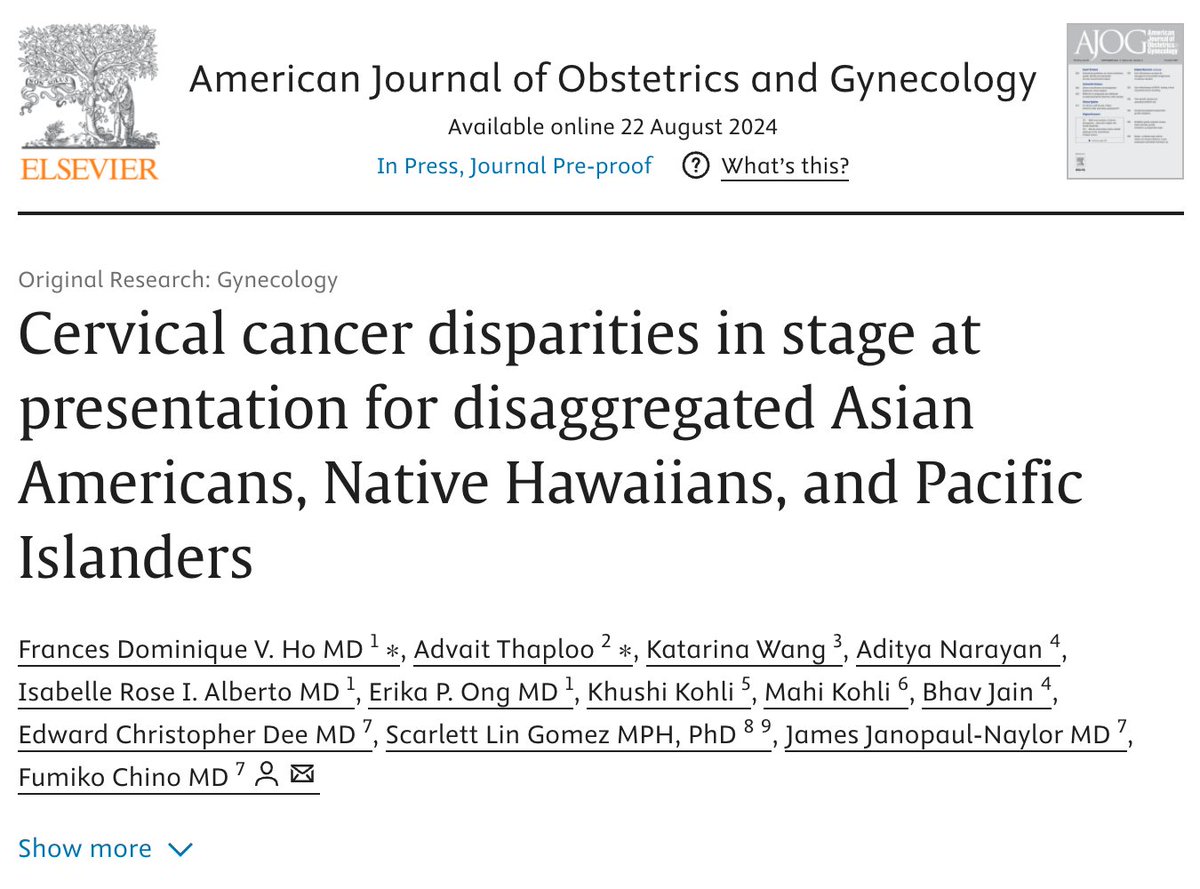 Frances Ho, MD (@francesvho) on Twitter photo 📝 In <a href="/AJOG_thegray/">AJOG</a>, we highlight disparities in stage at presentation (and the need for tailored interventions) among #AANHPI groups with #CervicalCancer 🦀
🔗sciencedirect.com/science/articl…
🙏 Thank you <a href="/fumikochino/">Fumiko Ladd Chino, MD, FASCO</a> <a href="/jjnaylor02/">James Janopaul-Naylor</a> <a href="/EChrisDee/">Edward Christopher "Chris" Dee, MD</a> and Dr Gomez for the guidance! 📝 In <a href="/AJOG_thegray/">AJOG</a>, we highlight disparities in stage at presentation (and the need for tailored interventions) among #AANHPI groups with #CervicalCancer 🦀
🔗sciencedirect.com/science/articl…
🙏 Thank you <a href="/fumikochino/">Fumiko Ladd Chino, MD, FASCO</a> <a href="/jjnaylor02/">James Janopaul-Naylor</a> <a href="/EChrisDee/">Edward Christopher "Chris" Dee, MD</a> and Dr Gomez for the guidance!