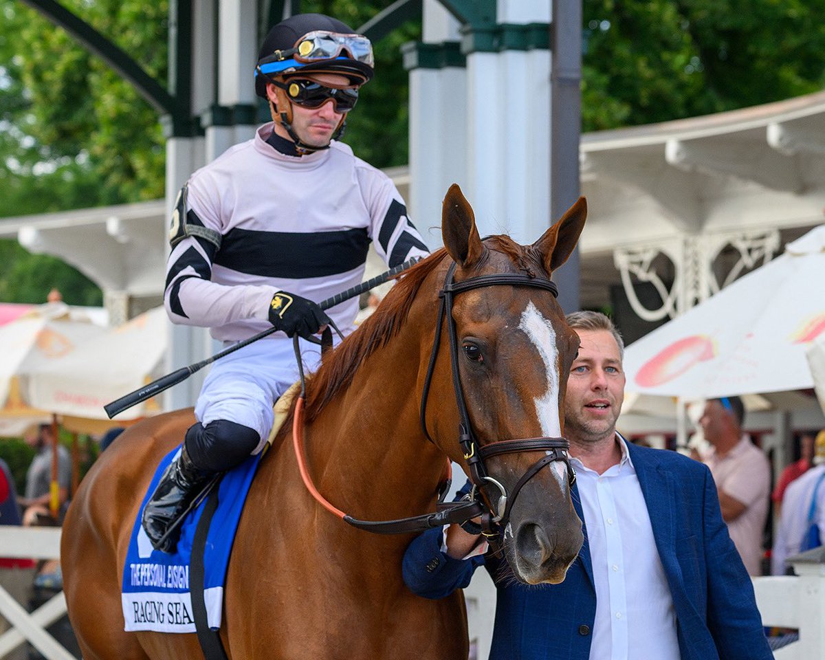 BH_AEberhardt's tweet photo. In a duel in the final furlongs, #RagingSea with Flavien Prat defeated #Idiomatic with @flothejock to win the G1 #PersonalEnsign at #Saratoga @TheNYRA for Chad Brown and for b/o Jon Clay’s Alpha Delta Stables. The 4yo filly is by #Curlin @HillnDaleFarm https://t.co/G5XAS3Puvi