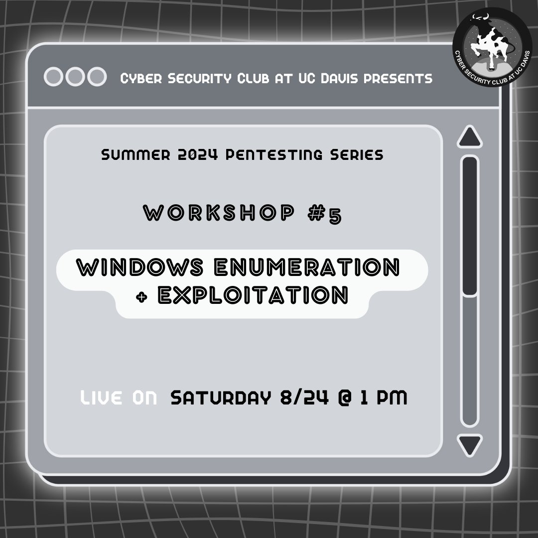 daviscybersec's tweet image. ☆  Workshop #5 Live Tomorrow! ☆
Tomorrow’s workshop will cover Windows enumeration and exploitation! We’ll provide the link via our Discord around 1 PM. As always, please feel free to ask questions or discuss the workshop in the Discord!