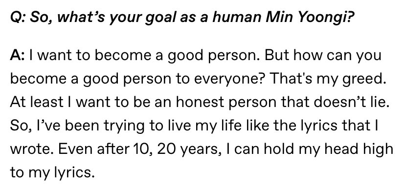 CYPHERS_DDAENG3's tweet photo. 🐱: I want to become a good person. But how can you become a good person to everyone? That's my greed. At least I want to be an honest person that doesn't lie. So, I've been trying to live my life like the lyrics that I wrote. Even after 10, 20 years, I can hold my head high to my lyrics.

#YoongiNeverWalksAlone 
#WhatAReliefWeAreTogether 
#BTSisSeven 
#BesideSUGA 
#ItsGonnaBeAlright
#SUGA #AgustD #슈가