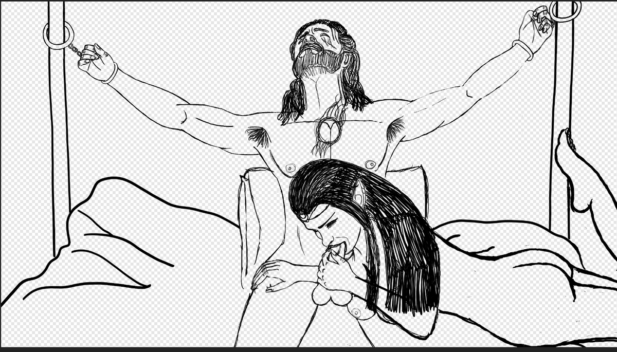 CraftyGamerLady's tweet photo. Day 2 - Hotel Sex - usually makes me think on the kinky side, hence handcuffs. Still need to check proportions and muscle tone, draw the headboard, and comforter design before doing the ACTUAL line work and adding the color. It'll be finished later down the road! #GalemancerWeek https://t.co/AwmagZOY1W