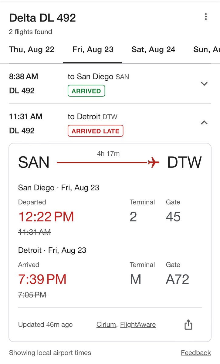 WesleyChamblee's tweet photo. Flew home from California to surprise my family tomorrow for my sister’s wedding shower and my dad’s 70th birthday, but @Delta delayed DL492, I sprinted from gate A72 to gate B11 in Detroit, but my connection DL3900 took off 5 minutes early. Weekend with family is ruined. https://t.co/V6ua5GUKhs